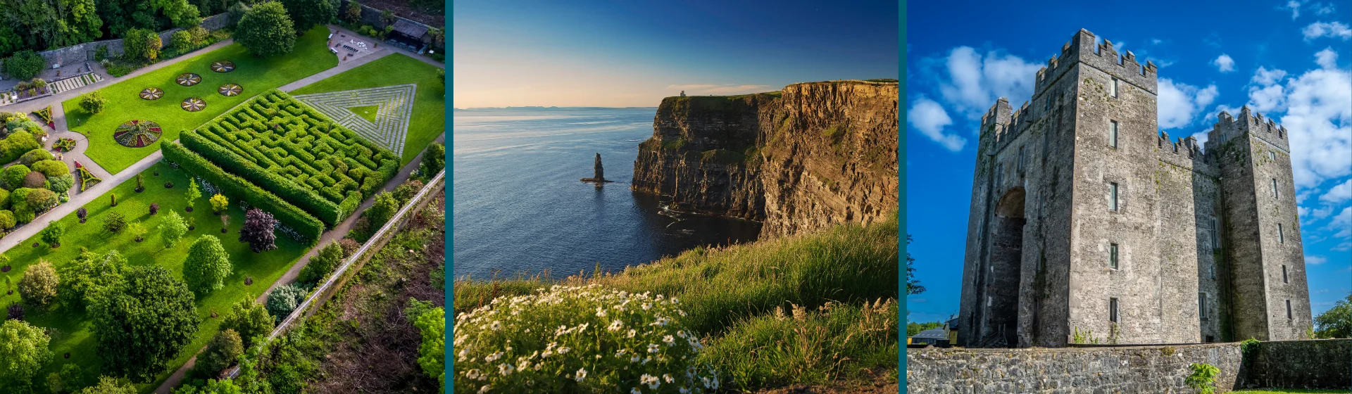 Cliffs Castles and Gardens Hero Image. Image of Vandeleur Walled Garden and Visitor Centre, The Cliffs of Moher, and Bunratty Castle.